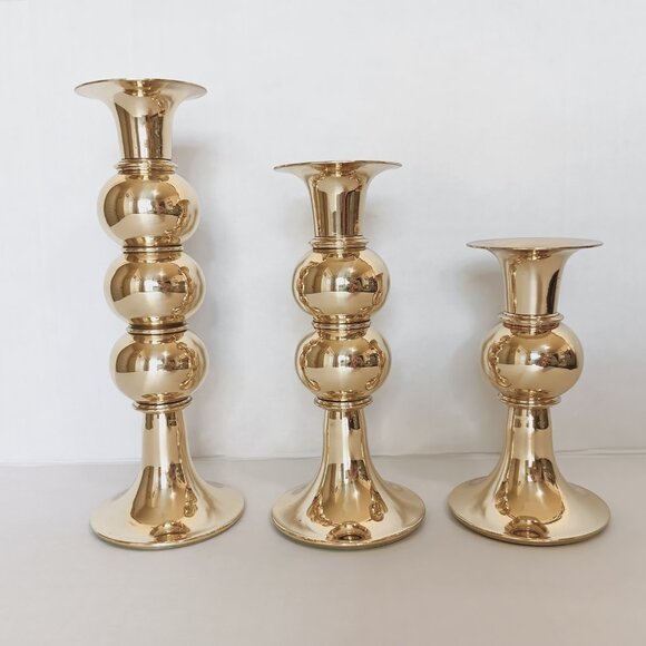 Set of 3 Vintage Solid Brass Stacked Sphere Taper Candlesticks 4-5/8" to 7-1/4" - Picture 10 of 10
